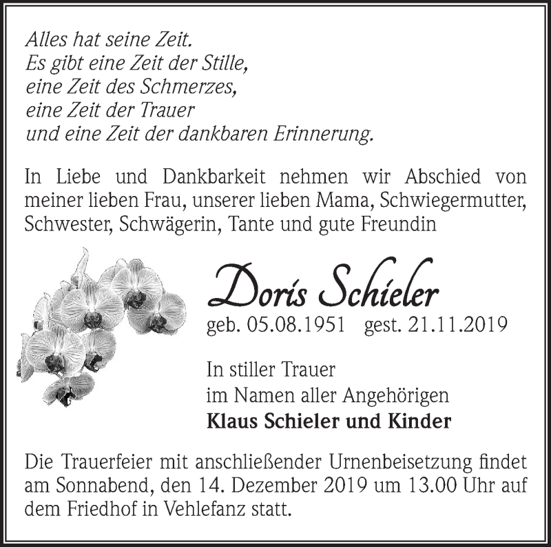  Traueranzeige für Doris Schieler vom 07.12.2019 aus Märkische Oderzeitung