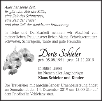 Traueranzeige von Doris Schieler von Märkische Oderzeitung