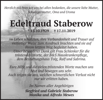 Traueranzeige von Edeltraud Staberow von Märkische Oderzeitung