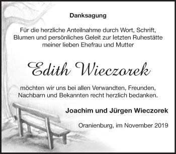 Traueranzeige von Edith Wieczorek von Märkische Oderzeitung