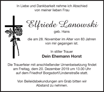 Traueranzeige von Elfriede Lanowski von Märkische Oderzeitung