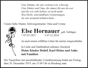 Traueranzeige von Else Hornauer von Märkische Oderzeitung