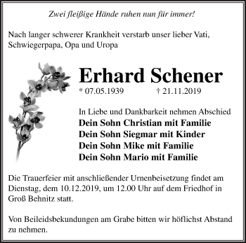 Traueranzeige von Erhard Schener von Märkische Oderzeitung