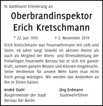 Traueranzeige von Erich Kretschmann von Märkische Oderzeitung