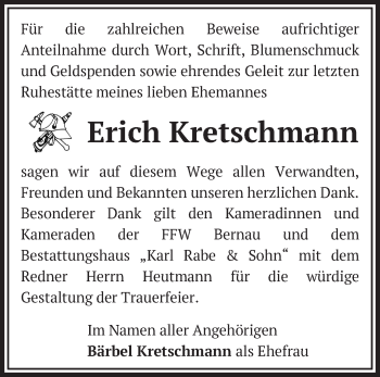 Traueranzeige von Erich Kretschmann von Märkische Oderzeitung