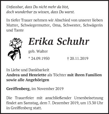 Traueranzeige von Erika Schuhr von Märkische Oderzeitung