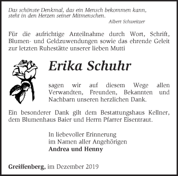 Traueranzeige von Erika Schuhr von Märkische Oderzeitung