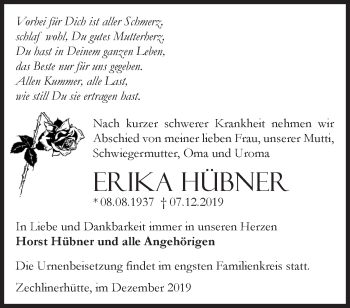 Traueranzeige von Erika Hübner  von Märkische Oderzeitung