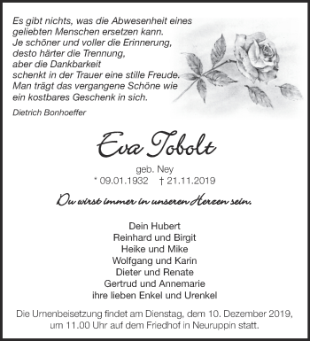 Traueranzeige von Eva Tobolt von Märkische Oderzeitung