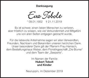 Traueranzeige von Eva Tobolt von Märkische Oderzeitung