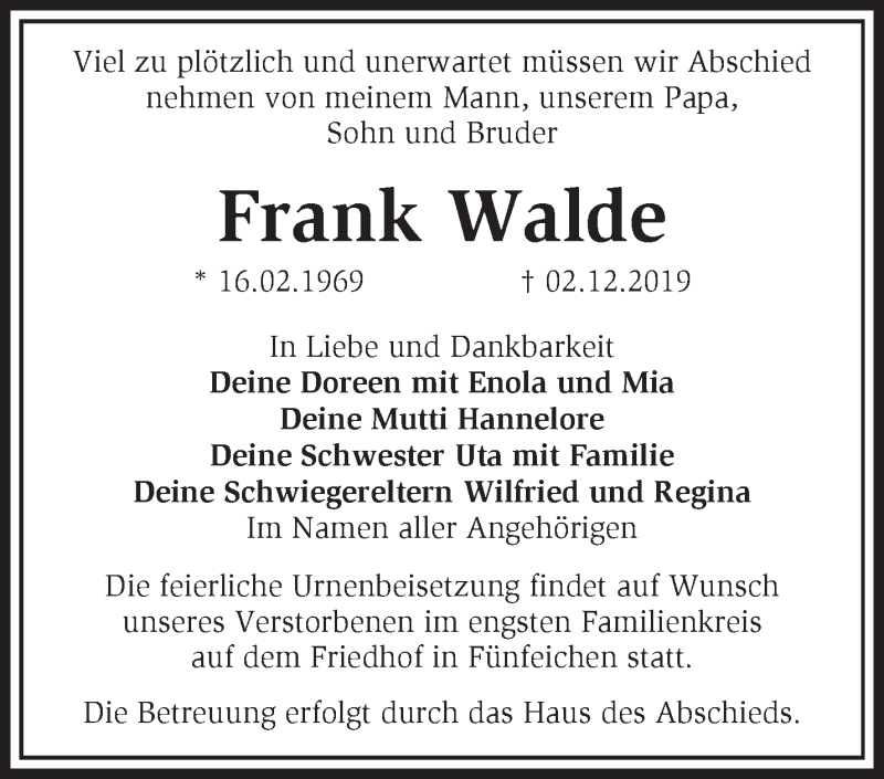  Traueranzeige für Frank Walde vom 07.12.2019 aus Märkische Oderzeitung