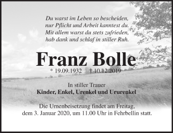 Traueranzeige von Franz Bolle von Märkische Oderzeitung