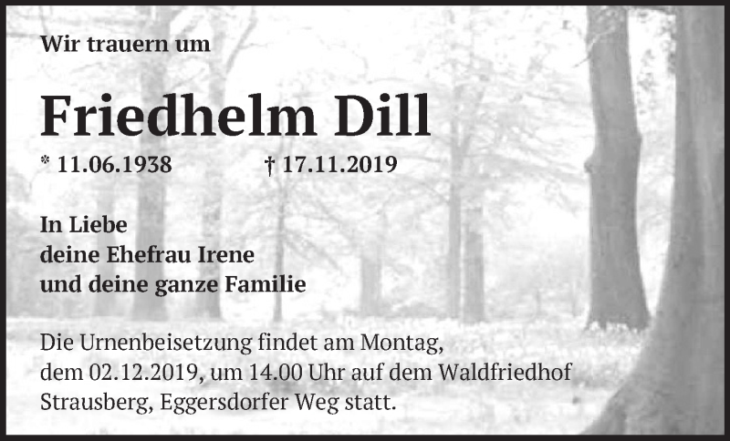 Traueranzeige für Friedhelm Dill vom 01.12.2019 aus Märkische Oderzeitung