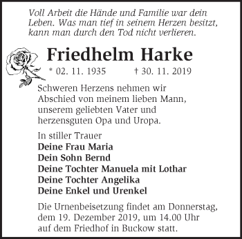 Traueranzeige von Friedhelm Harke von Märkische Oderzeitung