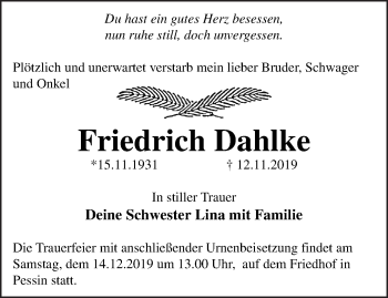 Traueranzeige von Friedrich Dahlke von Märkische Oderzeitung