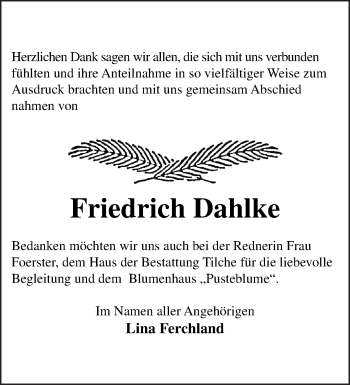 Traueranzeige von Friedrich Dahlke von Märkische Oderzeitung