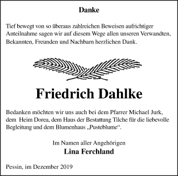 Traueranzeige von Friedrich Dahlke von Märkische Oderzeitung