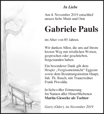 Traueranzeige von Gabriele Pauls von Märkische Oderzeitung