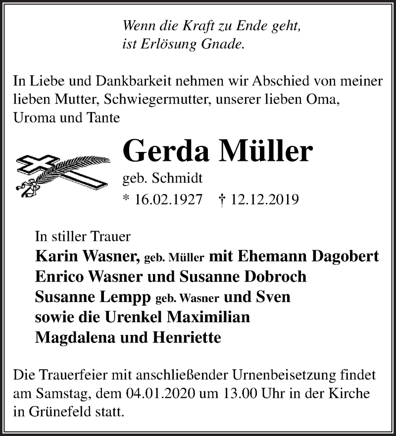 Traueranzeigen von Gerda Müller | Märkische Onlinezeitung Trauerportal