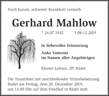 Traueranzeige von Gerhard Mahlow von Märkische Oderzeitung