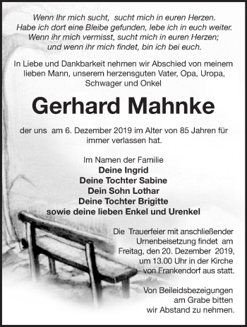 Traueranzeige von Gerhard Mahnke von Märkische Oderzeitung