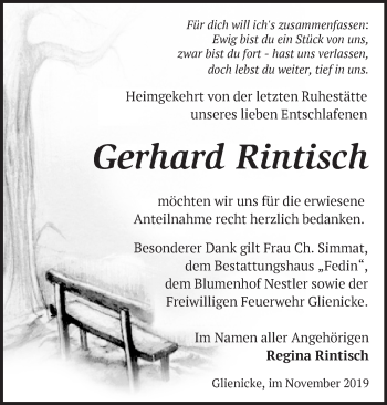 Traueranzeige von Gerhard Rintisch von Märkische Oderzeitung