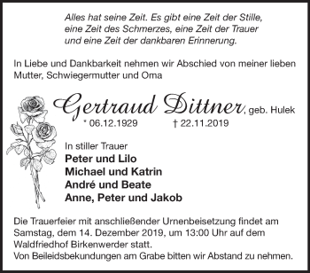 Traueranzeige von Gertraud Dittner von Märkische Oderzeitung