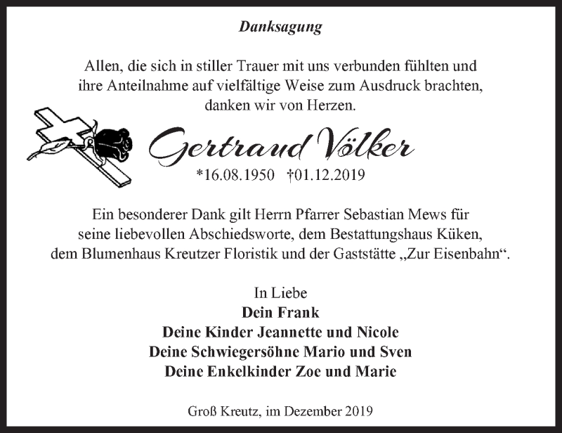  Traueranzeige für Gertraud Völker vom 15.12.2019 aus Märkische Oderzeitung