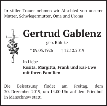 Traueranzeige von Gertrud Gablenz von Märkische Oderzeitung