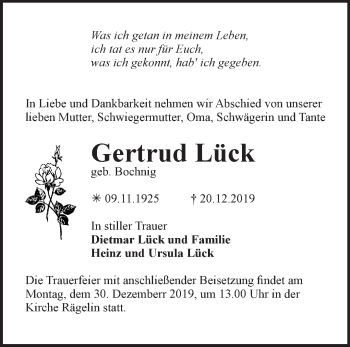 Traueranzeige von Gertrud Lück von Märkische Oderzeitung