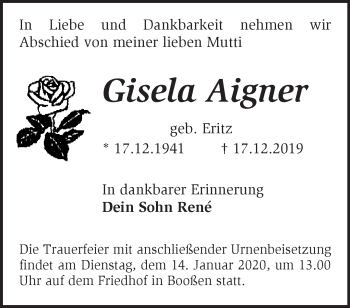 Traueranzeige von Gisela Aigner von Märkische Oderzeitung