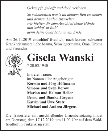 Traueranzeige von Gisela Wanski von Märkische Oderzeitung