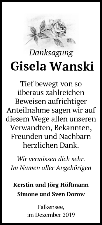 Traueranzeige von Gisela Wanski von Märkische Oderzeitung