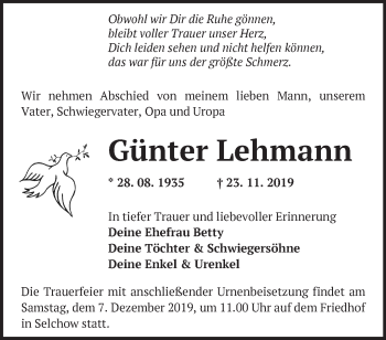 Traueranzeige von Günter Lehmann von Märkische Oderzeitung