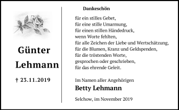 Traueranzeige von Günter Lehmann von Märkische Oderzeitung