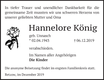 Traueranzeige von Hannelore König von Märkische Oderzeitung