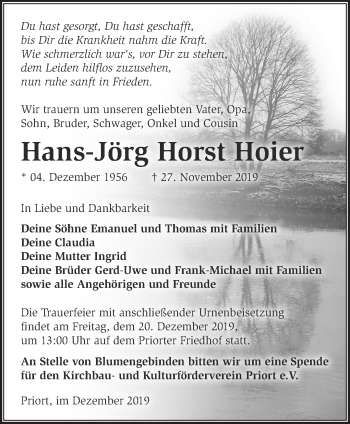 Traueranzeige von Hans-Jörg Hoier von Märkische Oderzeitung