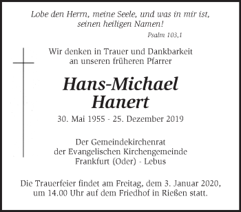 Traueranzeige von Hans-Michael Hanert von Märkische Oderzeitung