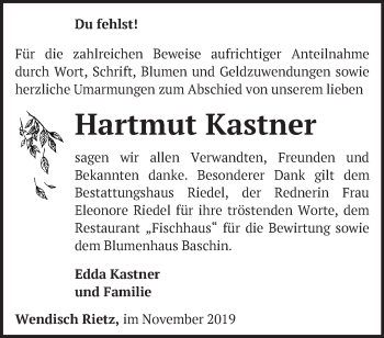 Traueranzeige von Hartmut Kastner von Märkische Oderzeitung