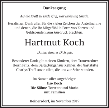 Traueranzeige von Hartmut Koch von Märkische Oderzeitung