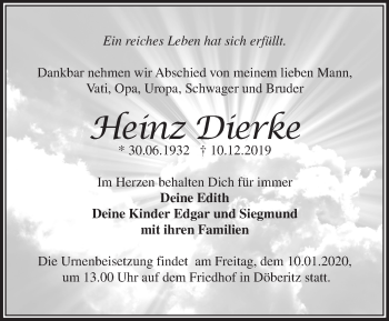 Traueranzeige von Heinz Dierke von Märkische Oderzeitung