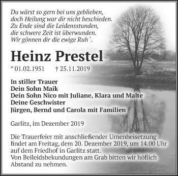 Traueranzeige von Heinz Prestel von Märkische Oderzeitung