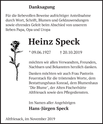 Traueranzeige von Heinz Speck von Märkische Oderzeitung