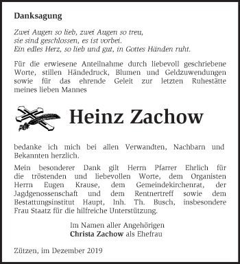 Traueranzeige von Heinz Zachow von Märkische Oderzeitung