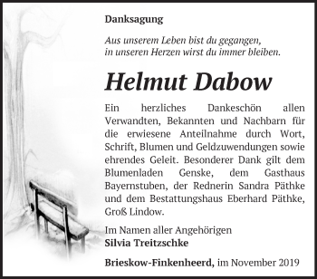 Traueranzeige von Helmut Dabow von Märkische Oderzeitung