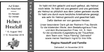 Traueranzeige von Helmut Haseloff von Märkische Oderzeitung