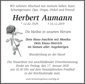 Traueranzeige von Herbert Aumann von Märkische Oderzeitung