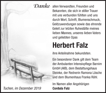 Traueranzeige von Herbert Falz von Märkische Oderzeitung