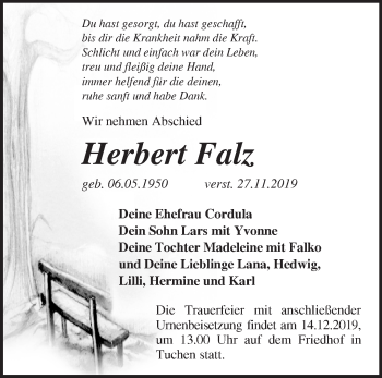 Traueranzeige von Herbert Falz von Märkische Oderzeitung