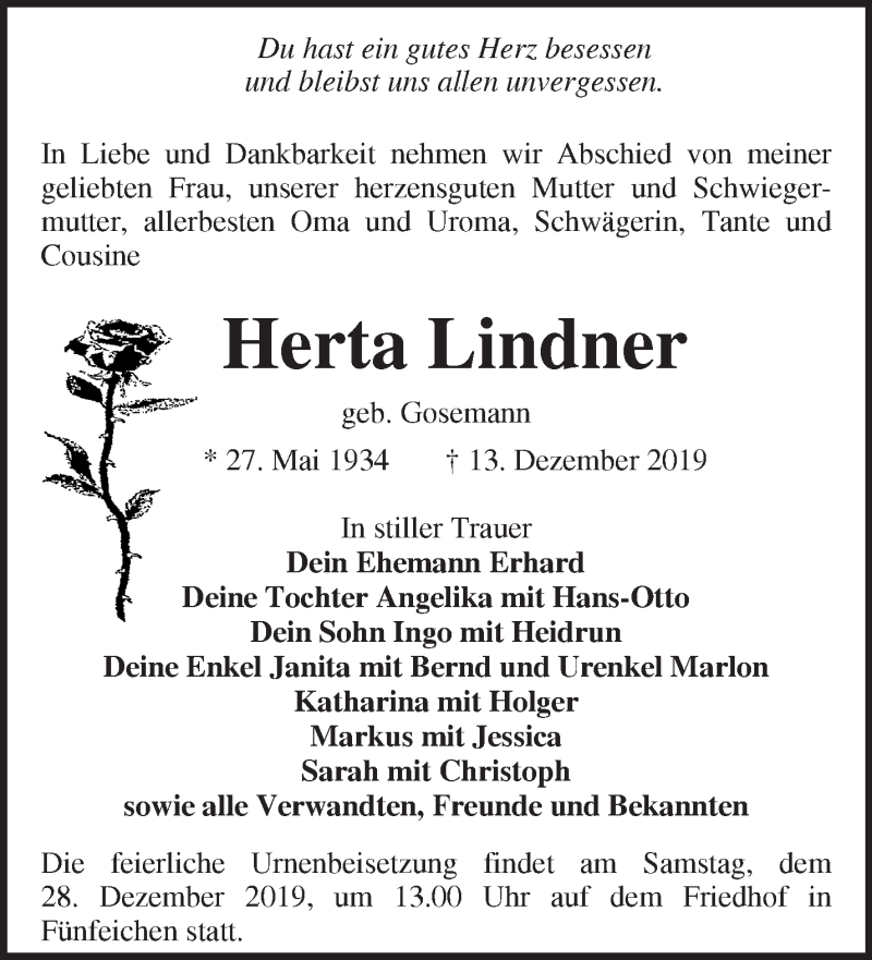  Traueranzeige für Herta Lindner vom 21.12.2019 aus Märkische Oderzeitung